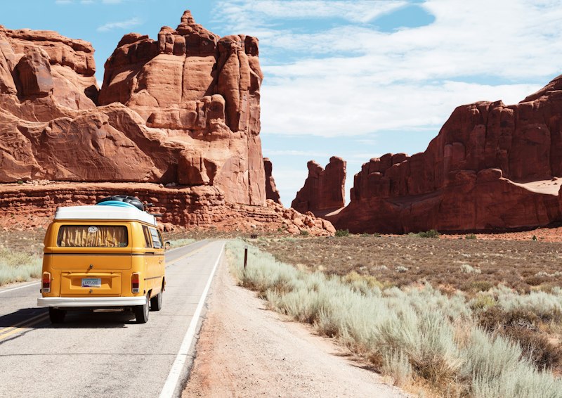 Van road trip through desert
